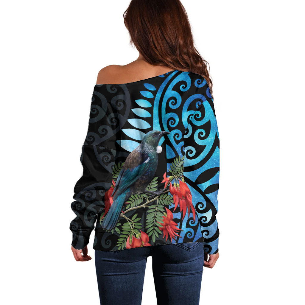 Tui Bird Kakabeak New Zealand Off Shoulder Sweater Clianthus Galaxy Maori Koru Pattern
