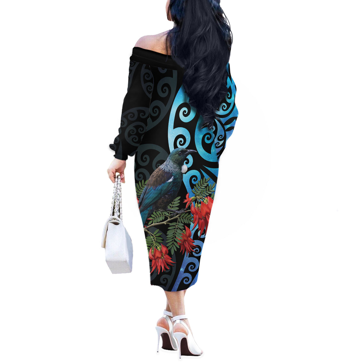 Tui Bird Kakabeak New Zealand Off The Shoulder Long Sleeve Dress Clianthus Galaxy Maori Koru Pattern