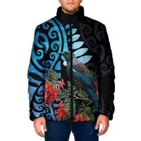 Tui Bird Kakabeak New Zealand Padded Jacket Clianthus Galaxy Maori Koru Pattern