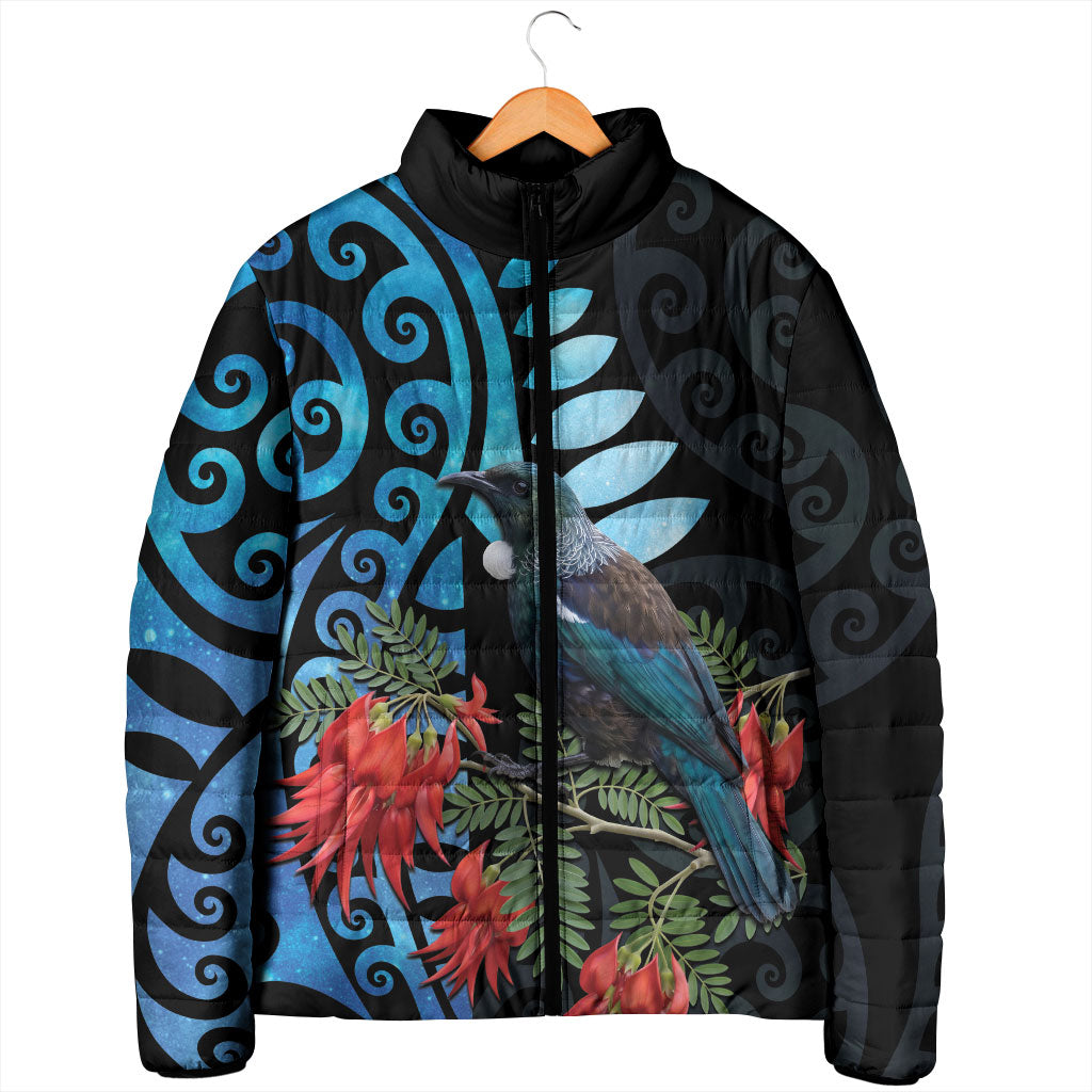Tui Bird Kakabeak New Zealand Padded Jacket Clianthus Galaxy Maori Koru Pattern