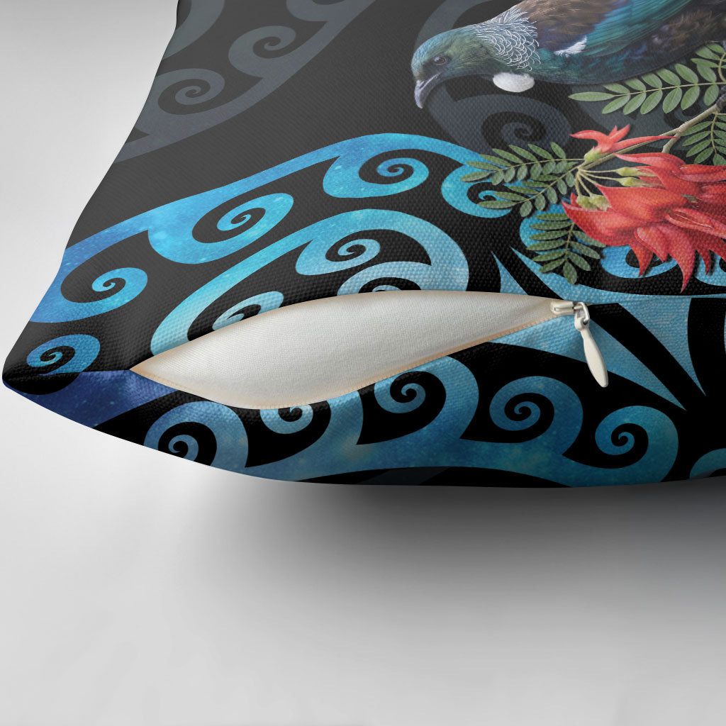 Tui Bird Kakabeak New Zealand Pillow Cover Clianthus Galaxy Maori Koru Pattern
