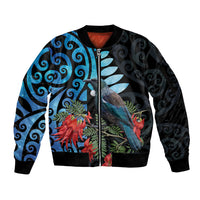 Tui Bird Kakabeak New Zealand Sleeve Zip Bomber Jacket Clianthus Galaxy Maori Koru Pattern