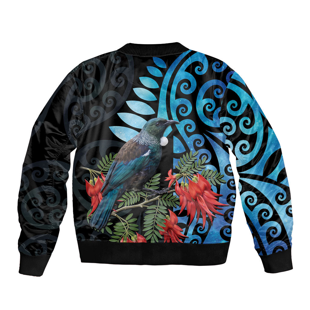 Tui Bird Kakabeak New Zealand Sleeve Zip Bomber Jacket Clianthus Galaxy Maori Koru Pattern