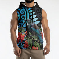 Tui Bird Kakabeak New Zealand Sleeveless Hoodie Clianthus Galaxy Maori Koru Pattern