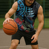 Tui Bird Kakabeak New Zealand Sleeveless Hoodie Clianthus Galaxy Maori Koru Pattern