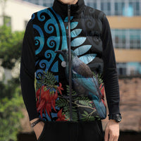 Tui Bird Kakabeak New Zealand Sleeveless Puffer Jacket Clianthus Galaxy Maori Koru Pattern