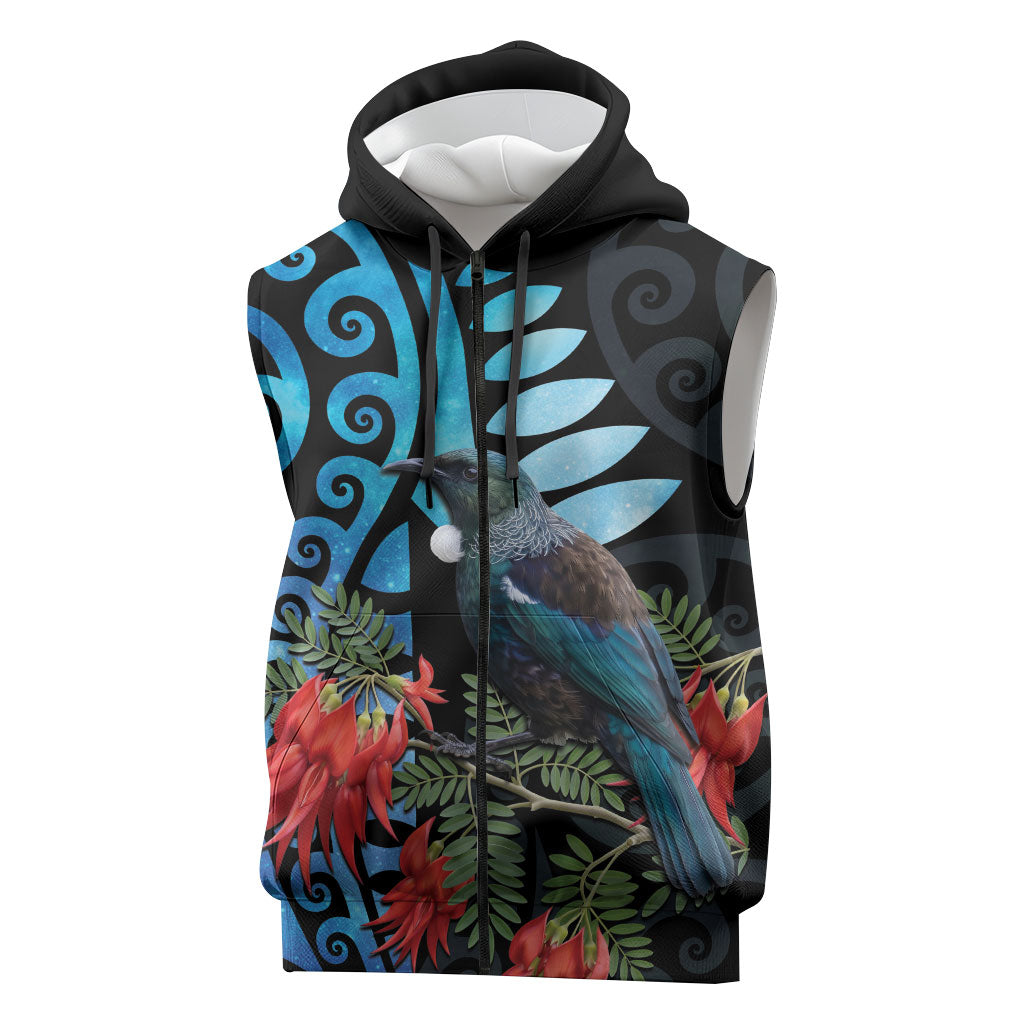 Tui Bird Kakabeak New Zealand Sleeveless Zip Hoodie Clianthus Galaxy Maori Koru Pattern