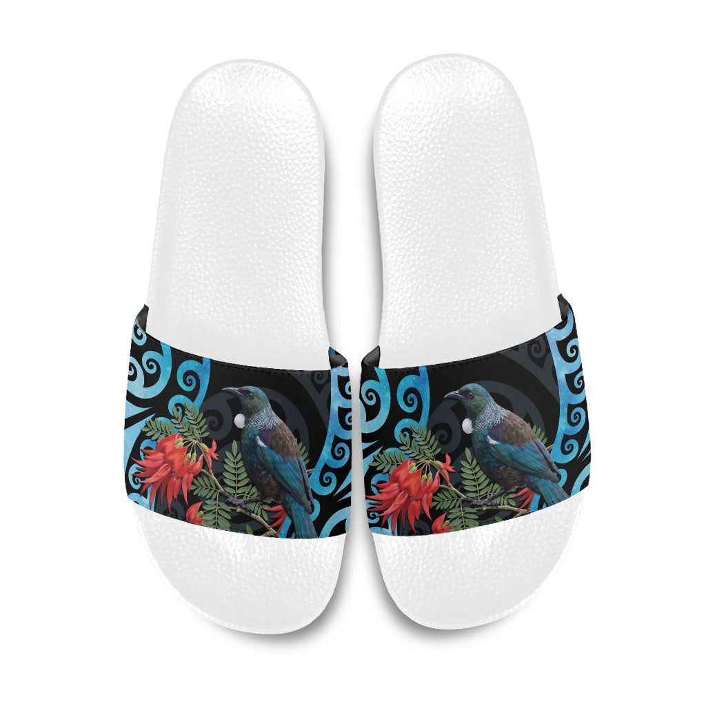 Tui Bird Kakabeak New Zealand Slide Sandals Clianthus Galaxy Maori Koru Pattern