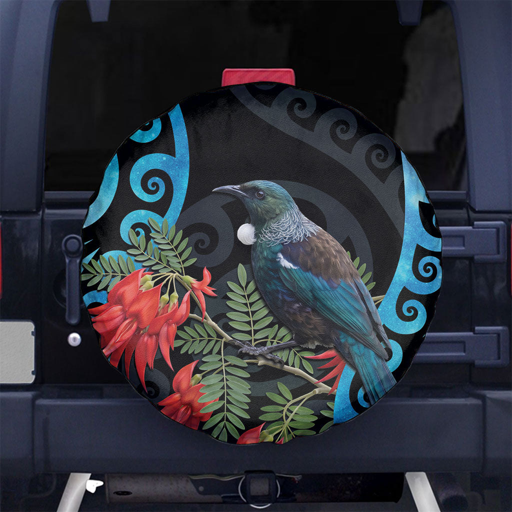Tui Bird Kakabeak New Zealand Spare Tire Cover Clianthus Galaxy Maori Koru Pattern
