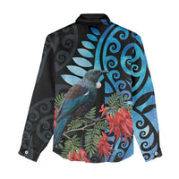 Tui Bird Kakabeak New Zealand Women Casual Shirt Clianthus Galaxy Maori Koru Pattern