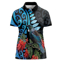 Tui Bird Kakabeak New Zealand Women Polo Shirt Clianthus Galaxy Maori Koru Pattern