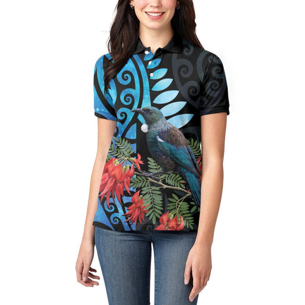 Tui Bird Kakabeak New Zealand Women Polo Shirt Clianthus Galaxy Maori Koru Pattern