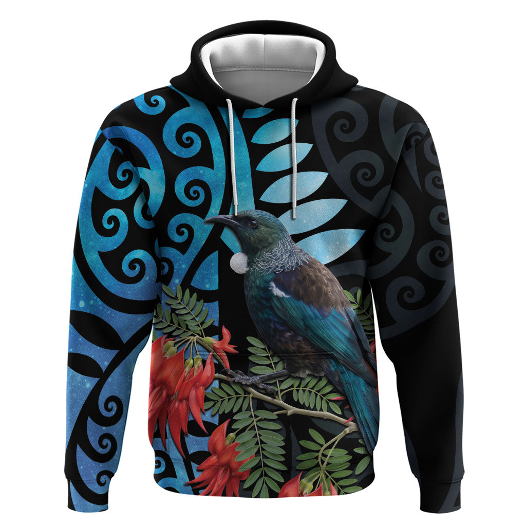 Tui Bird Kakabeak New Zealand Zip Hoodie Clianthus Galaxy Maori Koru Pattern