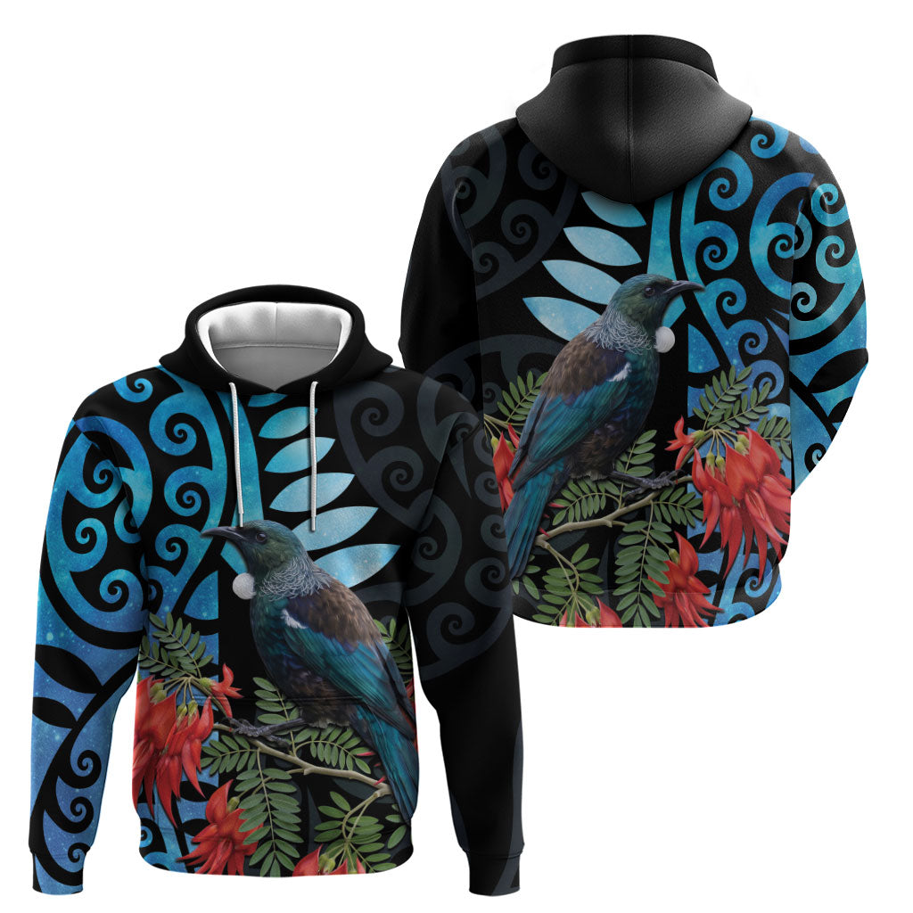 Tui Bird Kakabeak New Zealand Zip Hoodie Clianthus Galaxy Maori Koru Pattern