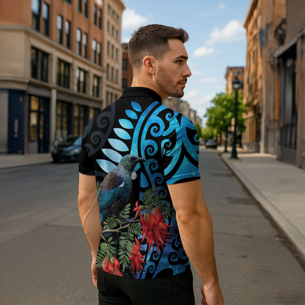 Tui Bird Kakabeak New Zealand Zipper Polo Shirt Clianthus Galaxy Maori Koru Pattern