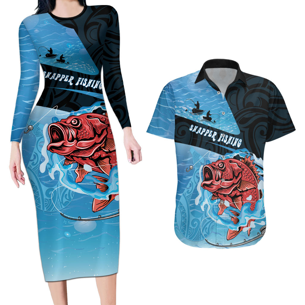 Personalised Snapper Fishing New Zealand Couples Matching Long Sleeve Bodycon Dress and Hawaiian Shirt Tamure Fish Hook Maori Pattern LT22 Blue - Polynesian Pride