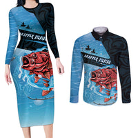 Personalised Snapper Fishing New Zealand Couples Matching Long Sleeve Bodycon Dress and Long Sleeve Button Shirt Tamure Fish Hook Maori Pattern LT22 Blue - Polynesian Pride