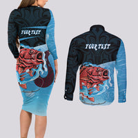 Personalised Snapper Fishing New Zealand Couples Matching Long Sleeve Bodycon Dress and Long Sleeve Button Shirt Tamure Fish Hook Maori Pattern LT22 - Polynesian Pride