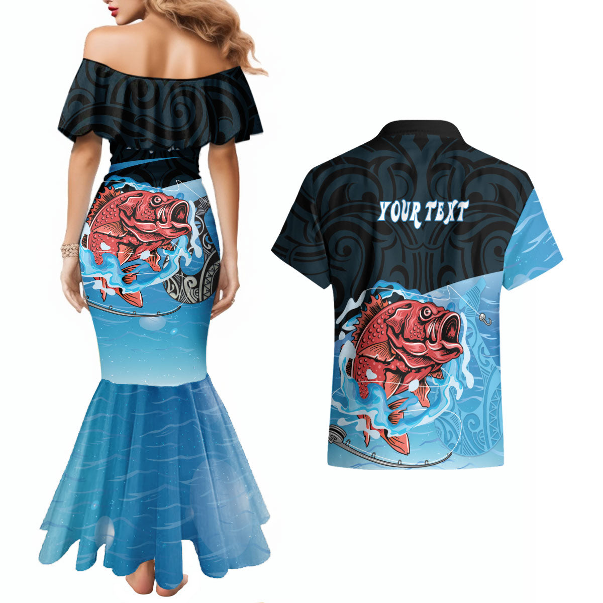 Personalised Snapper Fishing New Zealand Couples Matching Mermaid Dress and Hawaiian Shirt Tamure Fish Hook Maori Pattern LT22 - Polynesian Pride