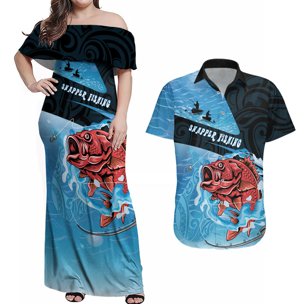 Personalised Snapper Fishing New Zealand Couples Matching Off Shoulder Maxi Dress and Hawaiian Shirt Tamure Fish Hook Maori Pattern