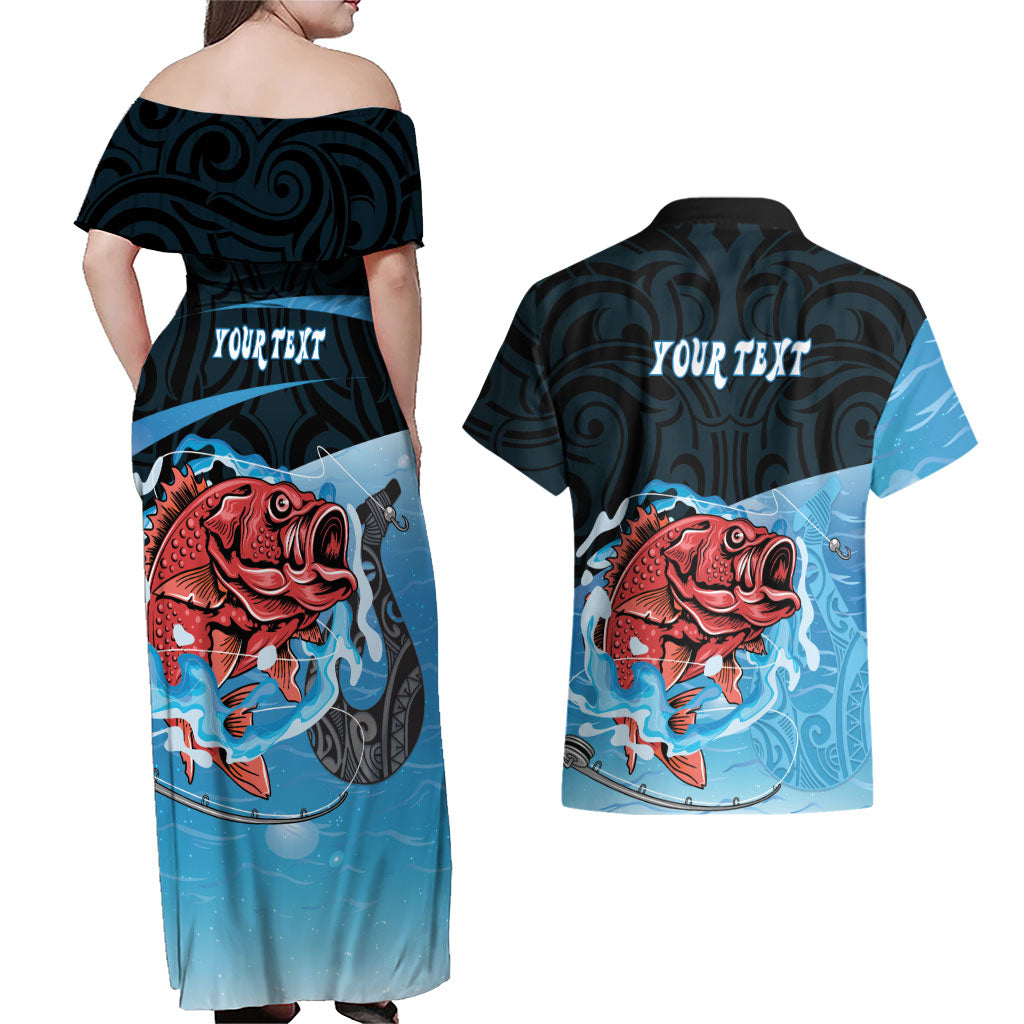 Personalised Snapper Fishing New Zealand Couples Matching Off Shoulder Maxi Dress and Hawaiian Shirt Tamure Fish Hook Maori Pattern LT22 - Polynesian Pride
