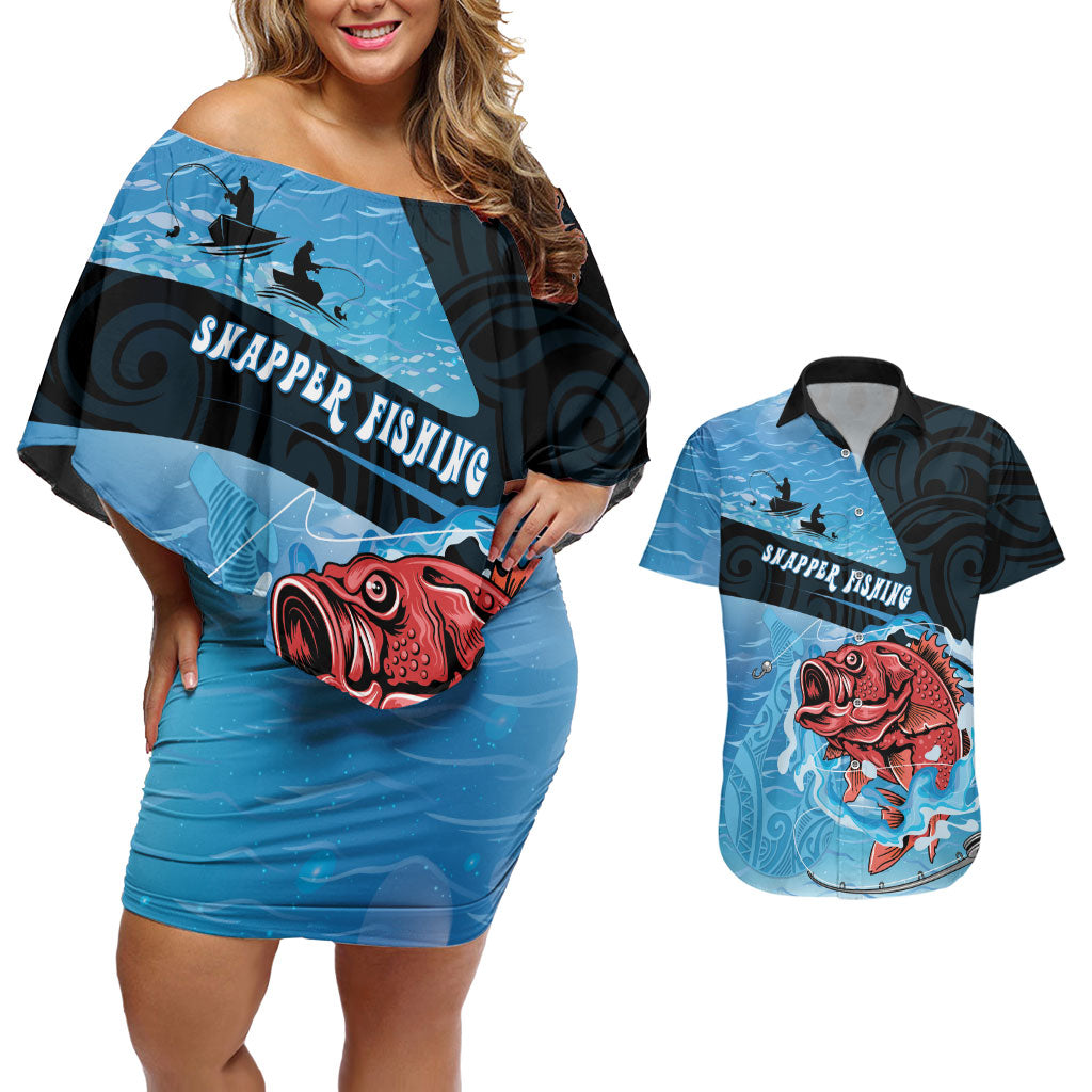 Personalised Snapper Fishing New Zealand Couples Matching Off Shoulder Short Dress and Hawaiian Shirt Tamure Fish Hook Maori Pattern LT22 Blue - Polynesian Pride