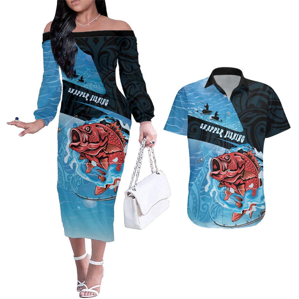 Personalised Snapper Fishing New Zealand Couples Matching Off The Shoulder Long Sleeve Dress and Hawaiian Shirt Tamure Fish Hook Maori Pattern LT22 Blue - Polynesian Pride