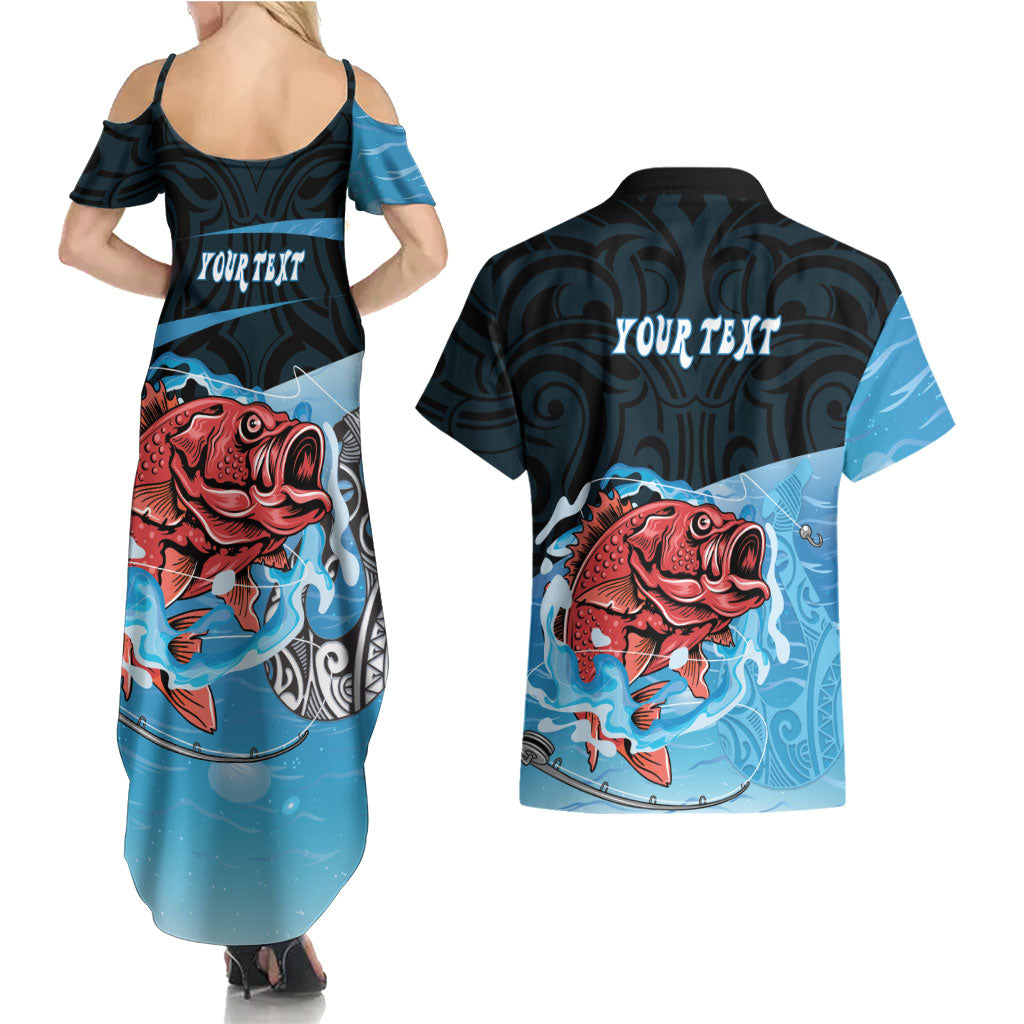 Personalised Snapper Fishing New Zealand Couples Matching Summer Maxi Dress and Hawaiian Shirt Tamure Fish Hook Maori Pattern LT22 - Polynesian Pride