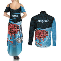 Personalised Snapper Fishing New Zealand Couples Matching Summer Maxi Dress and Long Sleeve Button Shirt Tamure Fish Hook Maori Pattern