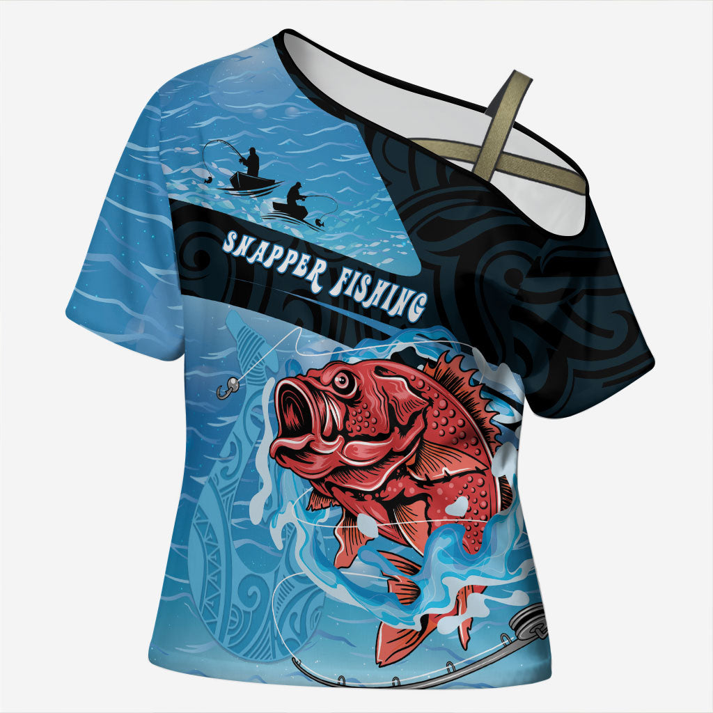 Personalised Snapper Fishing New Zealand Cross Shoulder Shirt Tamure Fish Hook Maori Pattern