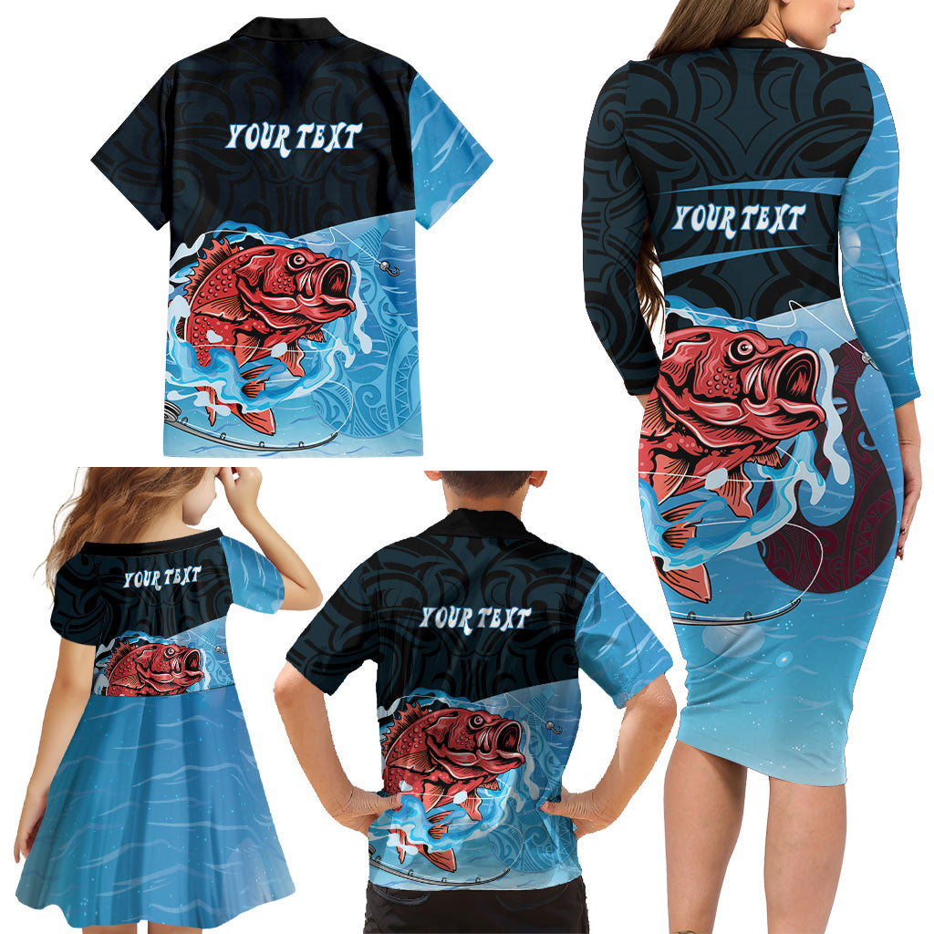 Personalised Snapper Fishing New Zealand Family Matching Long Sleeve Bodycon Dress and Hawaiian Shirt Tamure Fish Hook Maori Pattern LT22 - Polynesian Pride