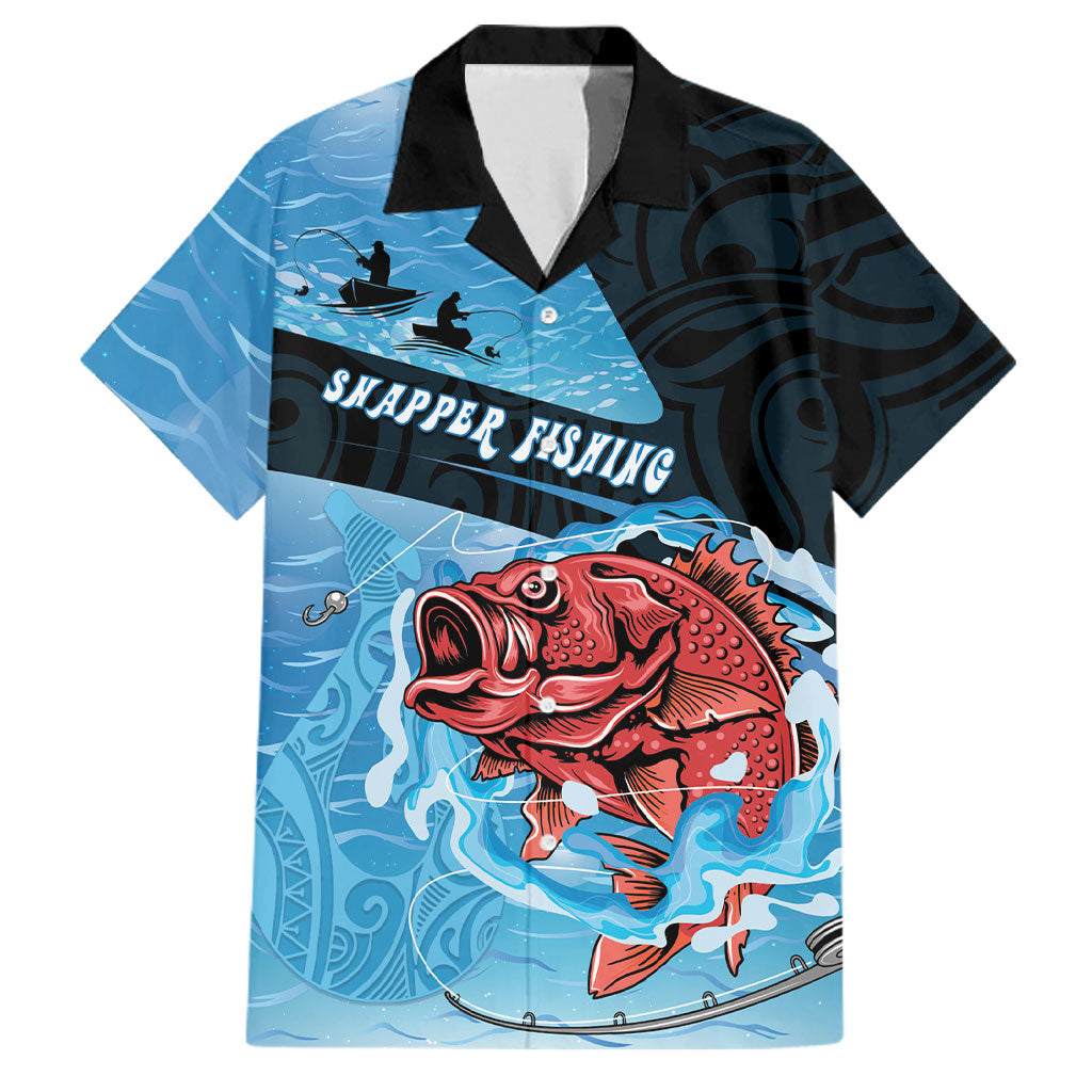 Personalised Snapper Fishing New Zealand Family Matching Long Sleeve Bodycon Dress and Hawaiian Shirt Tamure Fish Hook Maori Pattern LT22 Dad's Shirt - Short Sleeve Blue - Polynesian Pride