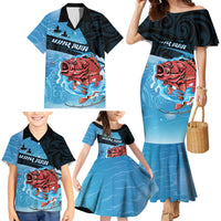 Personalised Snapper Fishing New Zealand Family Matching Mermaid Dress and Hawaiian Shirt Tamure Fish Hook Maori Pattern LT22 - Polynesian Pride