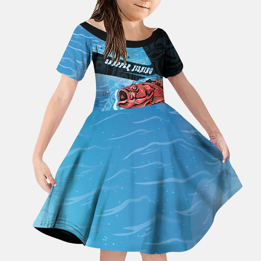 Personalised Snapper Fishing New Zealand Family Matching Off The Shoulder Long Sleeve Dress and Hawaiian Shirt Tamure Fish Hook Maori Pattern LT22 Daughter's Dress Blue - Polynesian Pride
