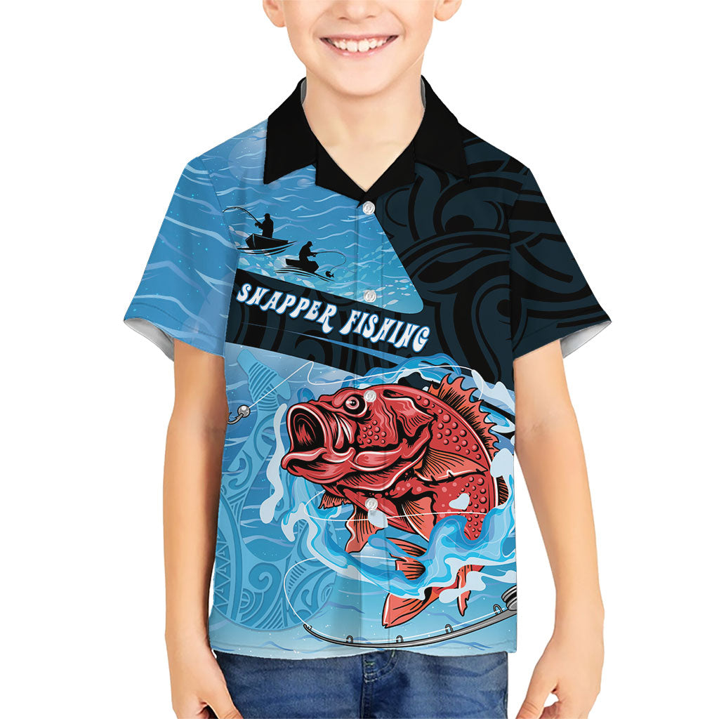 Personalised Snapper Fishing New Zealand Family Matching Off The Shoulder Long Sleeve Dress and Hawaiian Shirt Tamure Fish Hook Maori Pattern LT22 Son's Shirt Blue - Polynesian Pride