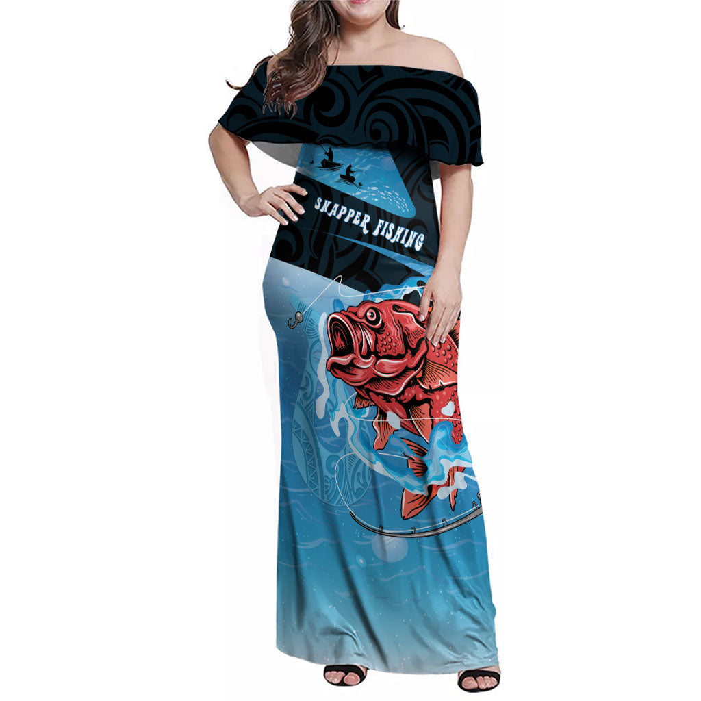 Personalised Snapper Fishing New Zealand Family Matching Off Shoulder Maxi Dress and Hawaiian Shirt Tamure Fish Hook Maori Pattern LT22 Mom's Dress Blue - Polynesian Pride