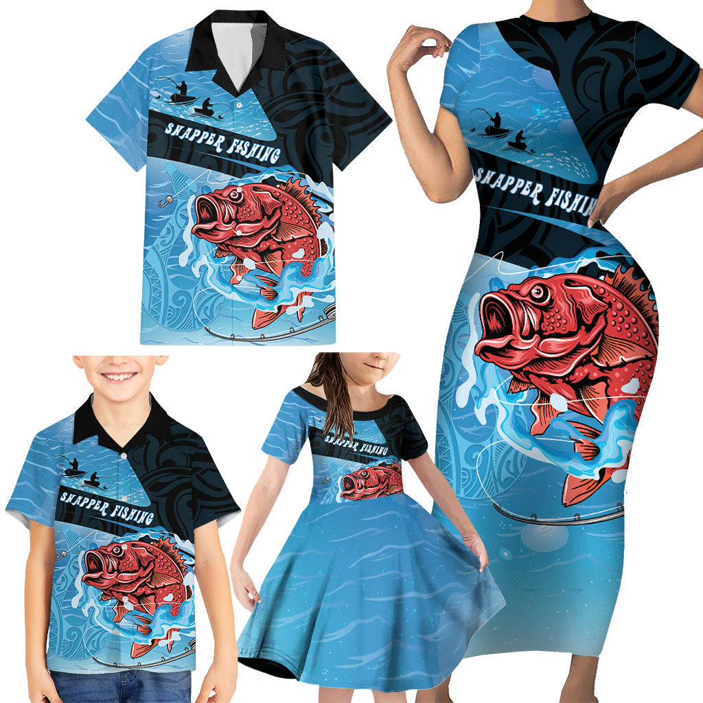 Personalised Snapper Fishing New Zealand Family Matching Short Sleeve Bodycon Dress and Hawaiian Shirt Tamure Fish Hook Maori Pattern LT22 - Polynesian Pride
