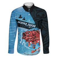 Personalised Snapper Fishing New Zealand Family Matching Summer Maxi Dress and Hawaiian Shirt Tamure Fish Hook Maori Pattern LT22 Dad's Shirt - Long Sleeve Blue - Polynesian Pride