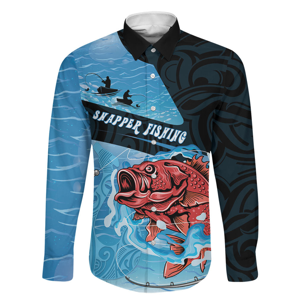 Personalised Snapper Fishing New Zealand Family Matching Tank Maxi Dress and Hawaiian Shirt Tamure Fish Hook Maori Pattern LT22 Dad's Shirt - Long Sleeve Blue - Polynesian Pride