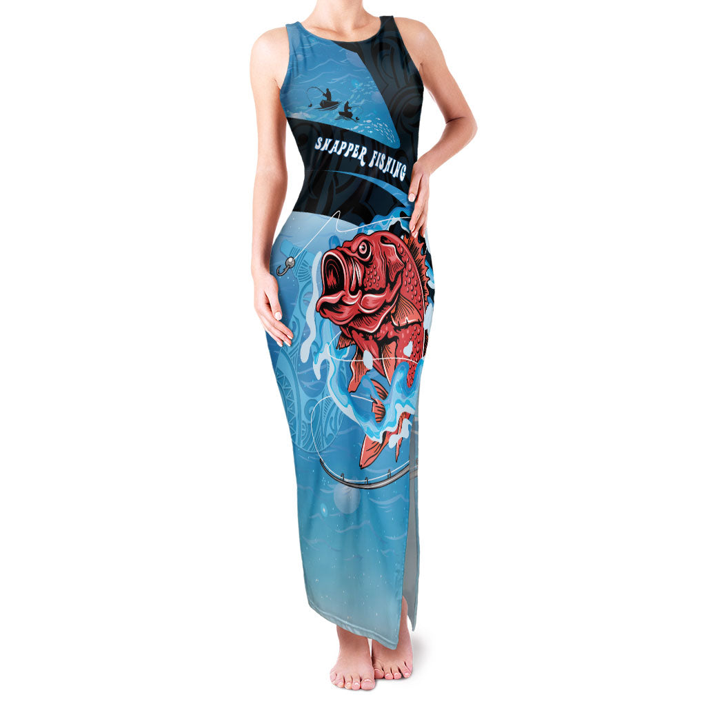 Personalised Snapper Fishing New Zealand Family Matching Tank Maxi Dress and Hawaiian Shirt Tamure Fish Hook Maori Pattern LT22 Mom's Dress Blue - Polynesian Pride