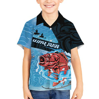 Personalised Snapper Fishing New Zealand Family Matching Tank Maxi Dress and Hawaiian Shirt Tamure Fish Hook Maori Pattern LT22 Son's Shirt Blue - Polynesian Pride