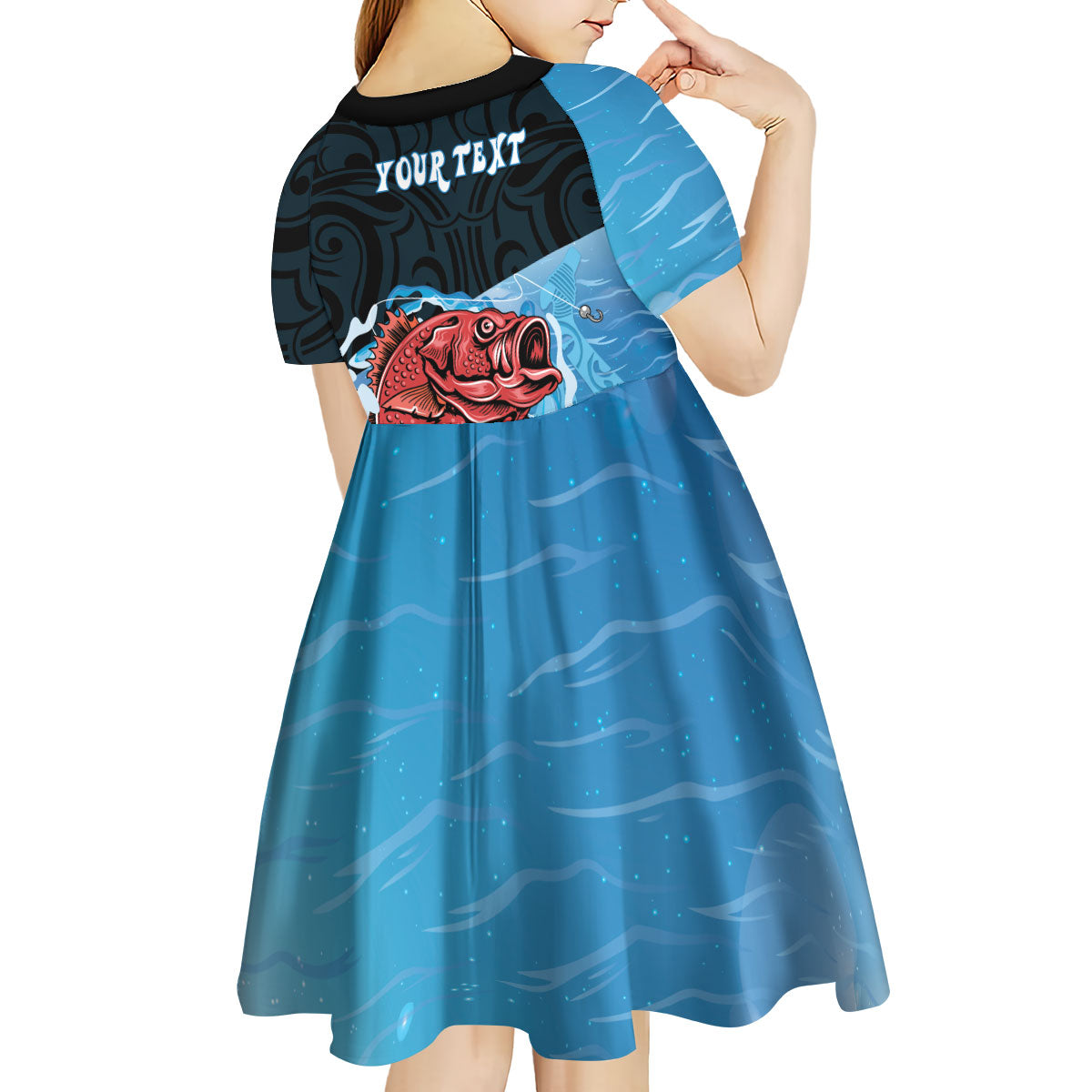Personalised Snapper Fishing New Zealand Kid Short Sleeve Dress Tamure Fish Hook Maori Pattern