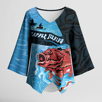 Personalised Snapper Fishing New Zealand Kimono Sleeve Blouse Tamure Fish Hook Maori Pattern