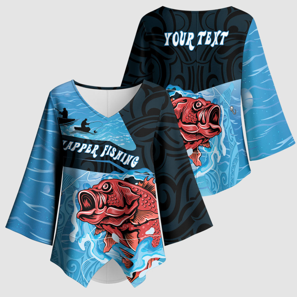 Personalised Snapper Fishing New Zealand Kimono Sleeve Blouse Tamure Fish Hook Maori Pattern