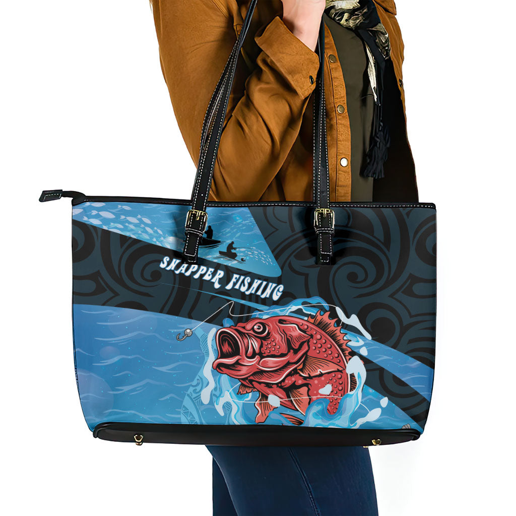 Snapper Fishing New Zealand Leather Tote Bag Tamure Fish Hook Maori Pattern