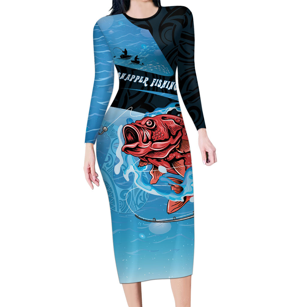 Personalised Snapper Fishing New Zealand Long Sleeve Bodycon Dress Tamure Fish Hook Maori Pattern
