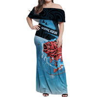 Personalised Snapper Fishing New Zealand Off Shoulder Maxi Dress Tamure Fish Hook Maori Pattern