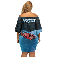 Personalised Snapper Fishing New Zealand Off Shoulder Short Dress Tamure Fish Hook Maori Pattern