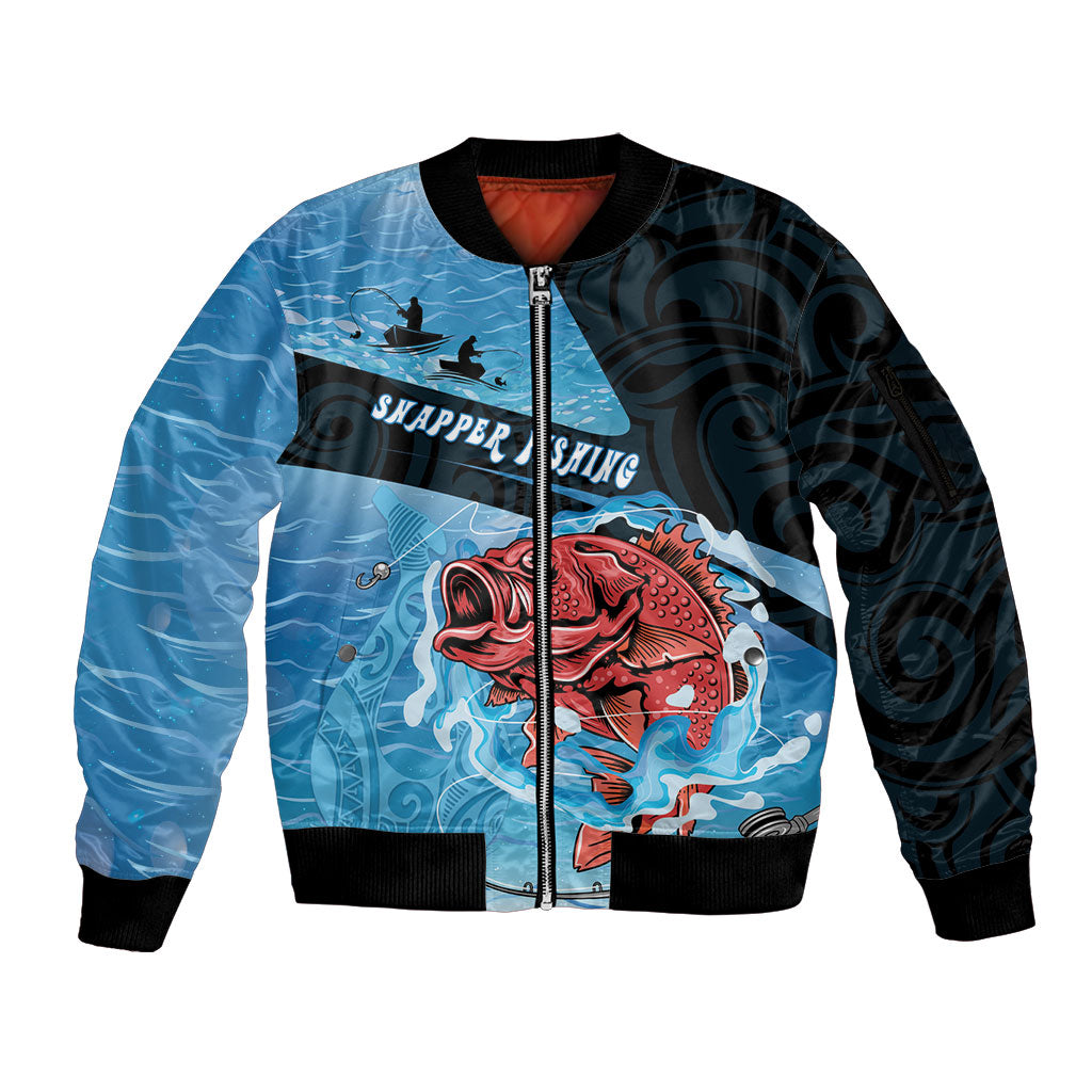 Personalised Snapper Fishing New Zealand Sleeve Zip Bomber Jacket Tamure Fish Hook Maori Pattern