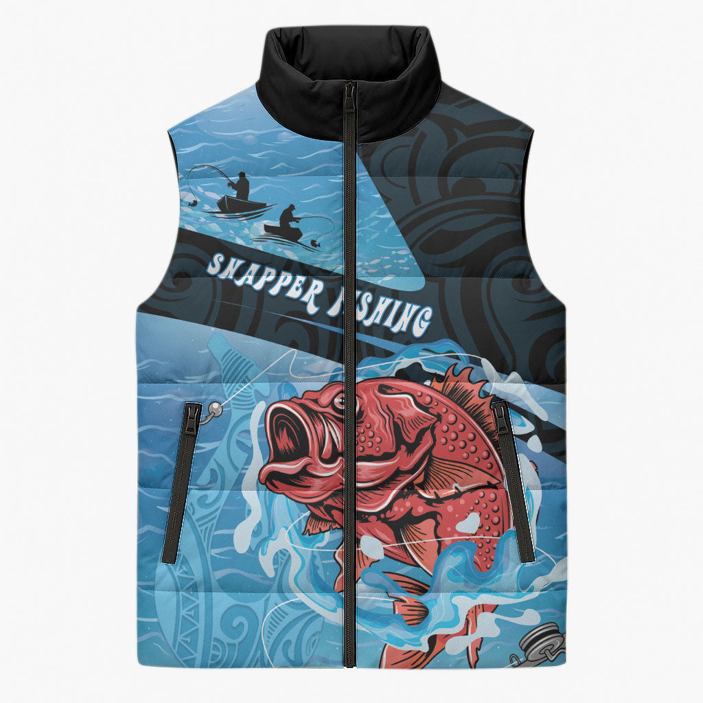 Personalised Snapper Fishing New Zealand Sleeveless Puffer Jacket Tamure Fish Hook Maori Pattern